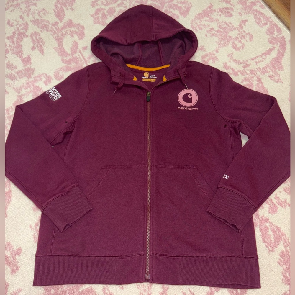 Carhartt Force Dark Plum Red Zip-Up Hoodie with Logo Women’s L